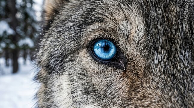 Close up of a wild wolf eye with bright blue iris in winter forest