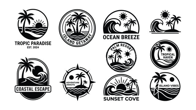 Black silhouettes of various tropical island and beach logos and icons on white background