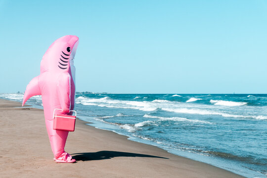 standing in profile, a man in a pink shark costume carries a cooler