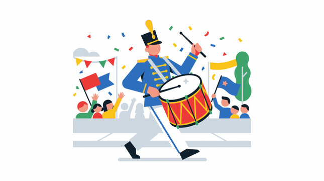 A drummer in a blue uniform marches with a drum, accompanied by cheering crowds and colorful confetti.