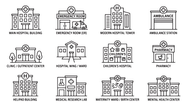 Medical hospital building icons set, 12 thin line vector illustrations of healthcare facilities, clinic and emergency room architecture symbols isolated on White Background