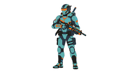 Fototapeta premium A futuristic soldier in teal and orange armor stands holding a rifle, with a sword sheathed on their back.