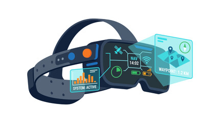 Fototapeta premium A futuristic headset displays navigation, system status, and a map with waypoints, indicating advanced technology.