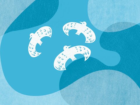 Minimal illustration of three birds flying against blue sky