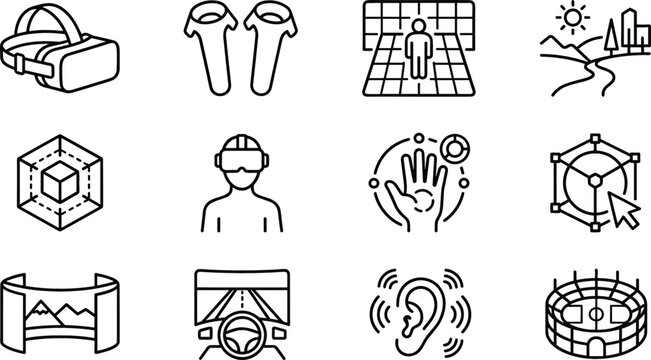 Augmented Reality and Metaverse Experience Line Icon Set Featuring VR Headset, Motion Controllers, 3D Dimension Axis, Panoramic View, Spatial Audio, and Simulation Symbols