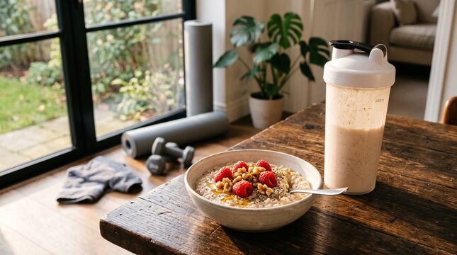 Oatmeal porridge with raspberry and walnut next to protein shake bottle on wooden table. Healthy breakfast meal after home training. Fitness lifestyle nutrition, diet and wellness.