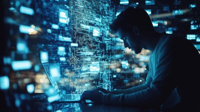 man working on laptop with code background