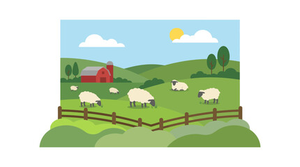 Fototapeta premium A pastoral scene depicts sheep grazing in a green field with a red barn and rolling hills under a sunny sky.