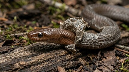Fototapeta premium Red-bellied snake resting on dark wooden logs in the forest
