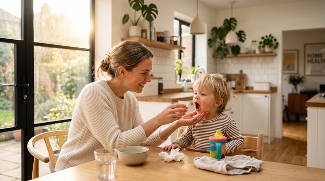 Mother giving cough medicine to a toddler in kitchen. Woman caring for sick child with medication. Home healthcare treatment for respiratory illness and flu symptoms in young kid.