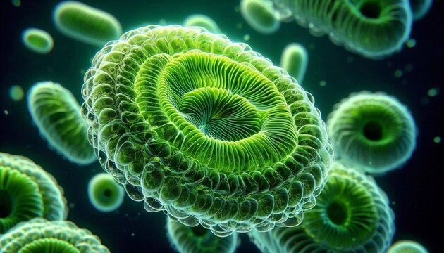 Green microscopic organisms floating in dark background