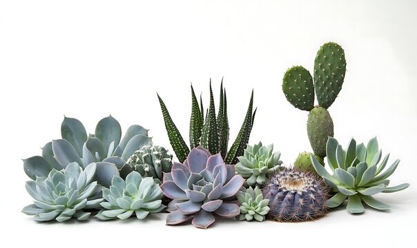 Assortment of succulent plants and cacti on white background, studio shot, variety.