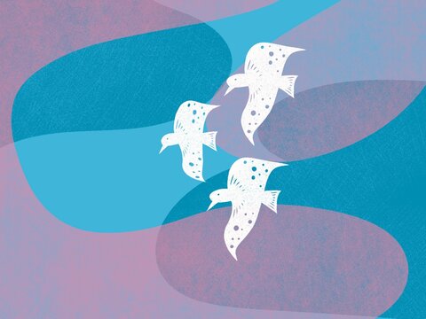 Birds Flying Through Colorful Abstract Background With Waves