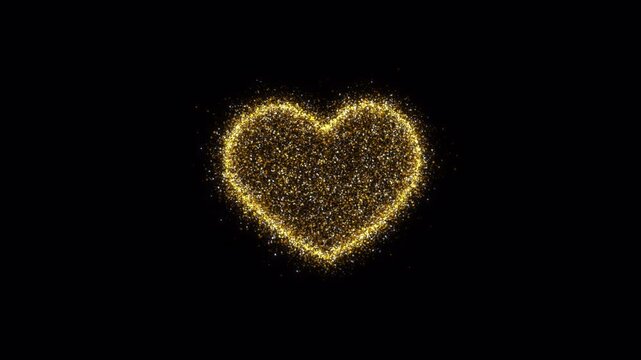 Luxury golden glitter heart loop animation with elegant shimmering particle borders on transparent background.