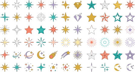 Colorful Celestial and Retro Star Icon Set Featuring Pastel Sparkles, Crescent Moons, Saturn Orbits, Shooting Stars, Diamonds, and Sunburst Graphic Elements © Ashik 