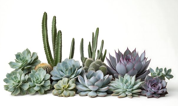 Variety of succulent plants and cacti arranged on white background indoors.