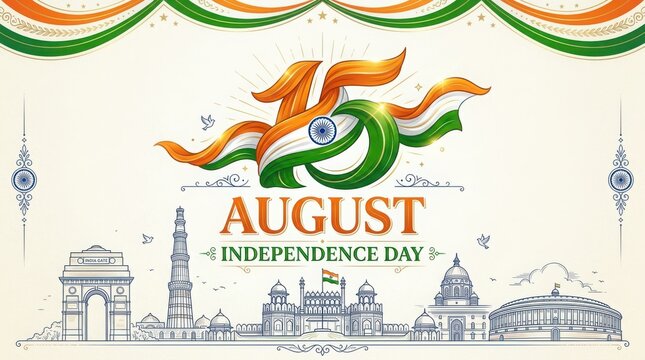 Decorative independence day greeting card with stylized number fifteen and illustration of famous indian historic landmarks.