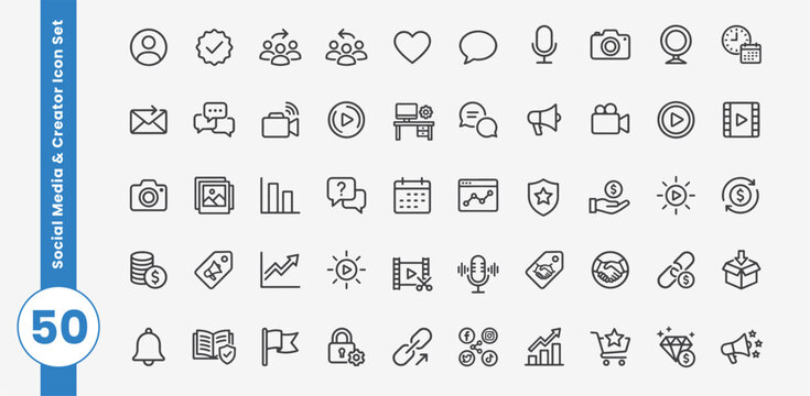 Social media and creator icon set with 50 line art symbols for online content production and digital marketing.