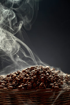 Fresh roasted coffee beans in old basket.