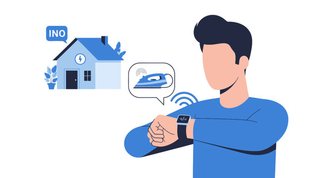 Smart Home Automation Concept with Man Monitoring Iron Status via Smartwatch App, IoT Remote Control for Safety and Energy Management