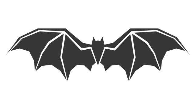 A stylized, dark gray bat silhouette with outstretched, angular wings is depicted.