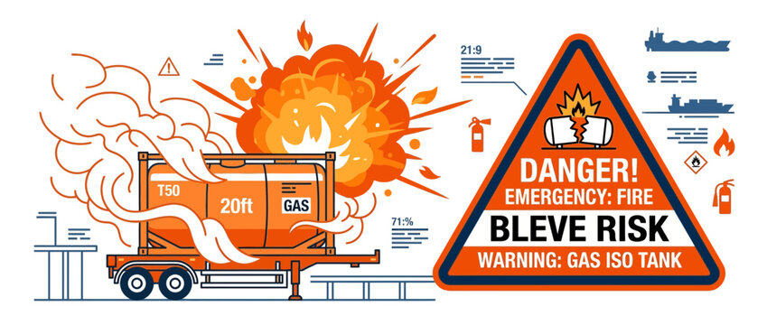 Gas Iso Tank Explosion Risk: Fire Danger, BLEVE Warning, Industrial Accident Illustration