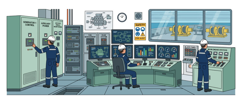 Industrial Control Room: Engineers operating machinery on a ship or offshore platform