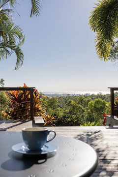 Coffee with a distant view of the ocean in Queensland, Australia