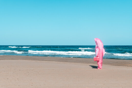 far across the beach, a man in a pink shark costume stands