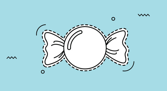 Simple line art icon of a wrapped hard candy treat with a dotted white outline on a bright blue background for sweet shop branding.