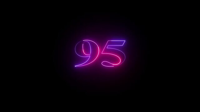 Glowing count neon number 95 text animation on black background. 