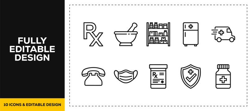 flat vector illustration line art icon bundle set design showcasing medical pharmacy drugs medical prescriptions chemistry flasks safety face masks and emergency vehicles