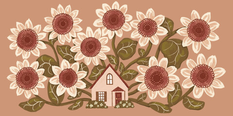 Autumn themed flowers and a small building design  © Miji