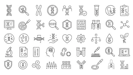Fototapeta premium Genetics and DNA research line icons, 50 biotechnology and genome sequencing vector symbols, medical laboratory science icons for bioengineering isolated on White Background