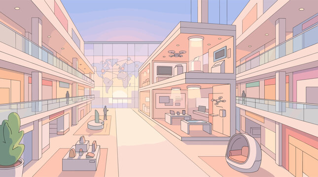 Modern futuristic shopping mall interior featuring technology stores, drones, and a giant global map background. Minimalist vector illustration for retail, innovation, and urban design.