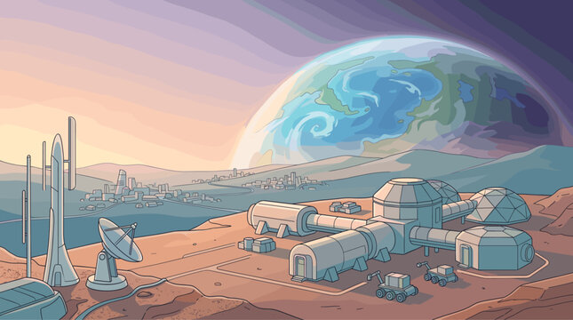 A futuristic lunar base colony on a rocky planet surface, featuring modular buildings, rovers, and satellite dishes, with a majestic view of Earth in the sky. Digital vector art style.