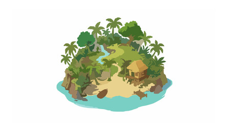 Tropical island illustration with beach hut and lush vegetation © Nahid