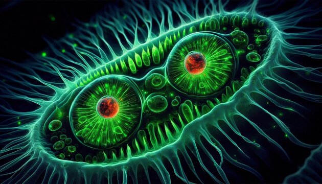 Microscopic prokaryotic cell dividing in a neon green bioluminescent environment
