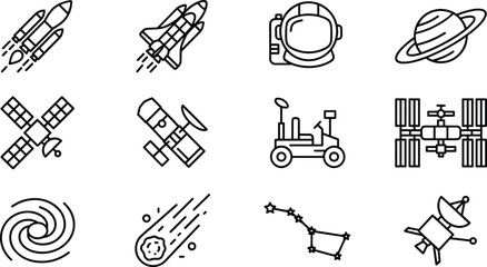 Space Exploration and Astronomy Line Icon Set Featuring Rocket Launch, Astronaut Helmet, Planet Saturn, Satellite, Telescope, and International Space Station Symbols © Ashik 