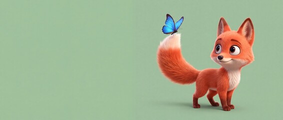 Fototapeta premium Cute cartoon red fox looking at blue butterfly on fluffy tail in a minimalist 3D animation style, wide banner copy space, bright whimsical animal character illustration on light green background.