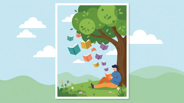 Vector illustration, colorful scene, person sitting under tree, floating papers