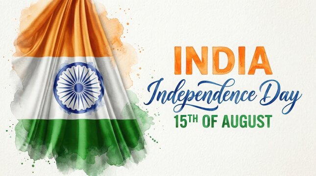 Indian independence day celebration banner design with tricolor flag waving over watercolor texture background for holiday.