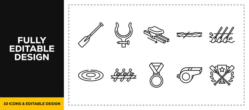 flat vector illustration line art icon bundle set design illustrating active sports boating oars winner medals team whistles swimming pools physical exercises graphic UI