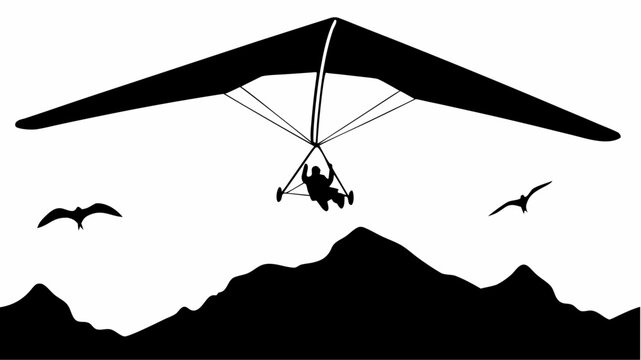 Minimalist silhouette of a hang glider soaring over mountain peaks with flying birds in a clean graphic design style for outdoor adventure themes