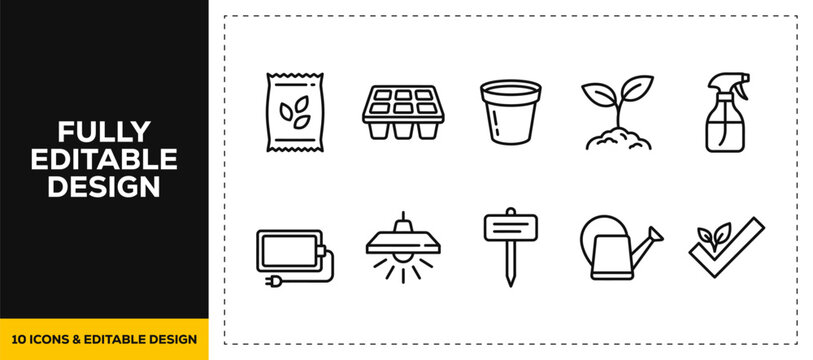 flat vector illustration line art icon bundle set design covering agricultural farm plant growing botanical botany nature spray farming care green leaves ecology graphics UI