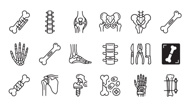 Orthopedic surgery line icons set, 18 medical bone fracture and joint replacement vector elements, skeletal anatomy and trauma surgery symbols isolated on White Background
