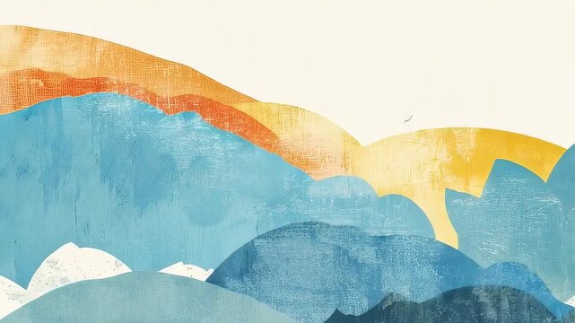 Abstract landscape with rolling mountains in orange and blue. Artistic representation of layered hills for zen background, minimalist nature concept and decoration.