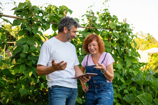 Couple laughing using tablet in urban garden