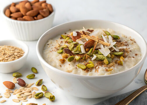 Lebanese Meghli spiced rice pudding topped with shredded coconut, almonds and pistachios, elegant composition