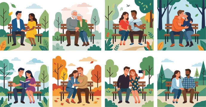 Couples Sitting on Park Bench Collection Featuring Diverse Romantic Partners in Love Sharing Special Moments Together in Beautiful Seasonal Outdoor Nature Backdrops